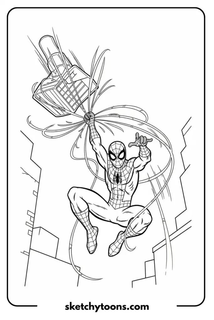 Spiderman catching object coloring page