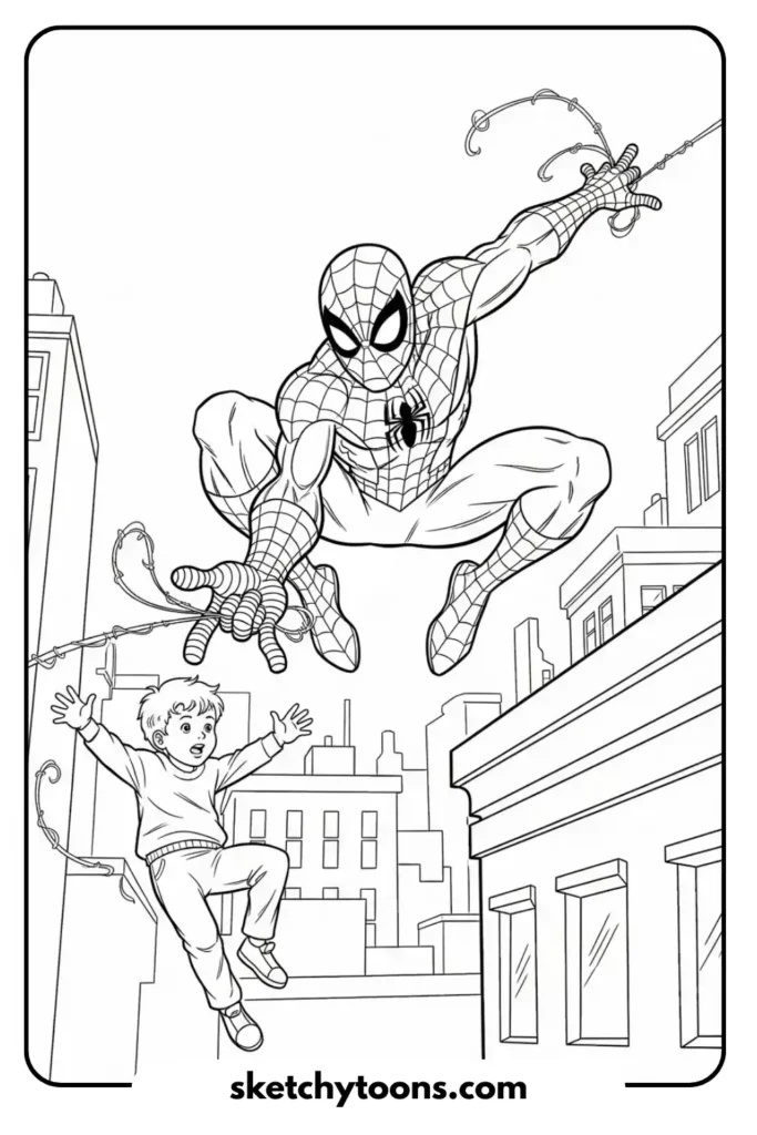 Spiderman rescuing child coloring page