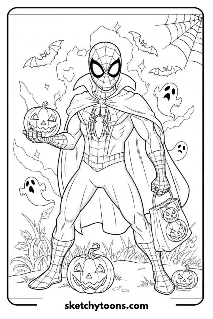 Spiderman at halloween coloring page