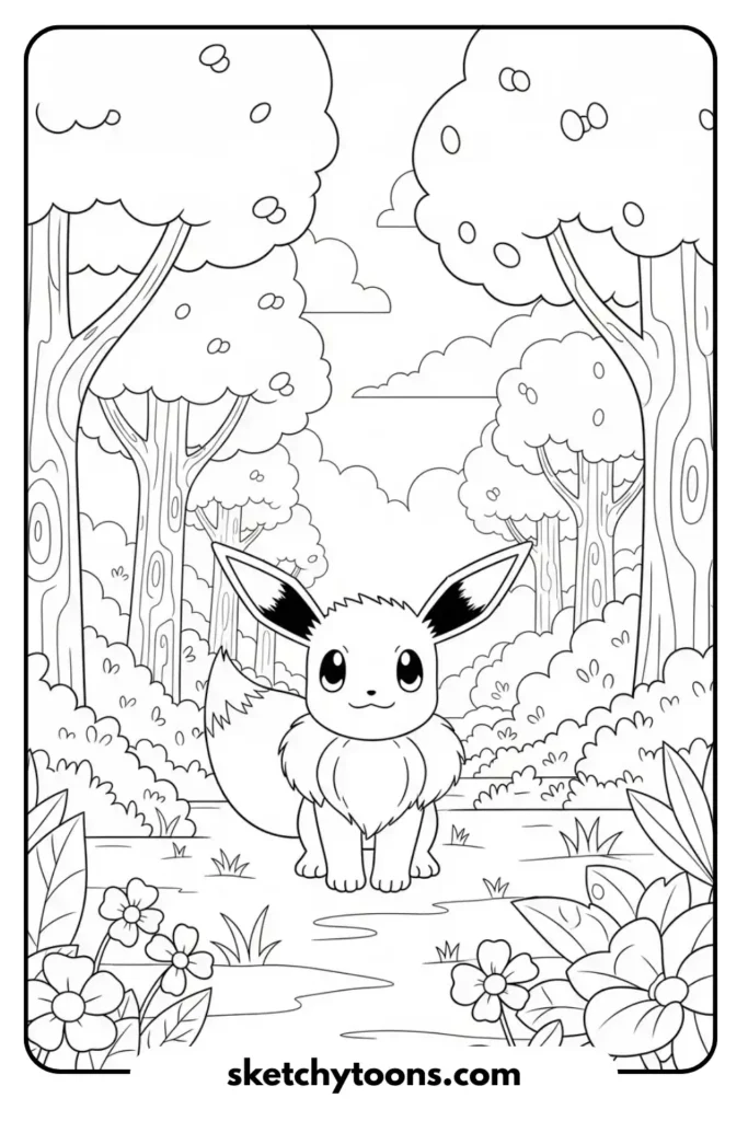 Eevee's in the forest coloring page