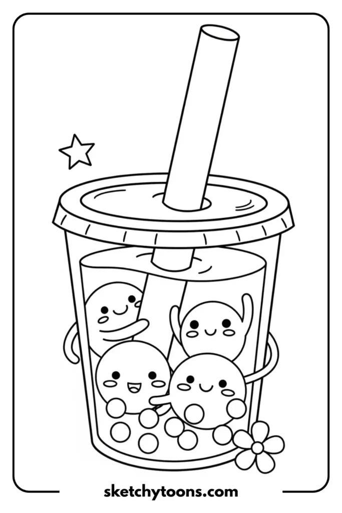 A boba character inside the cup coloring page