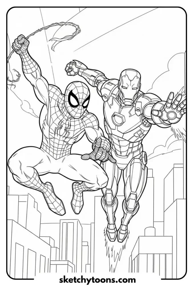 Spiderman and Ironman together coloring page