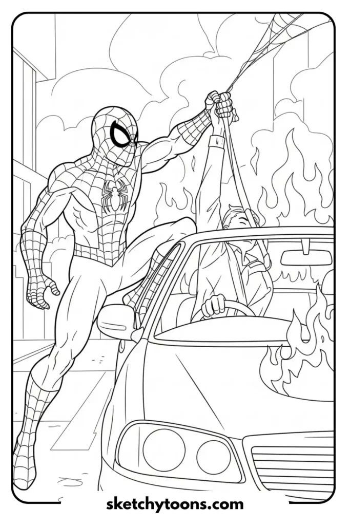 Spiderman rescuing man coloring page