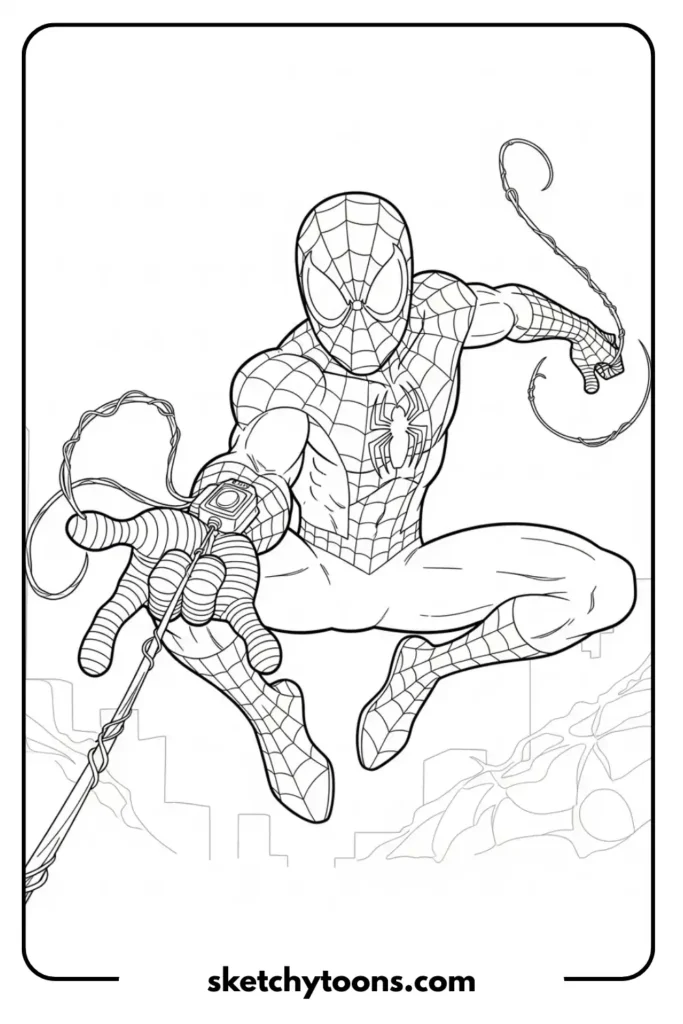 Spiderman webshooting pose coloring page