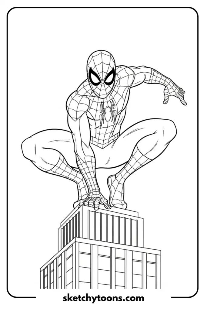 Spiderman at building coloring page