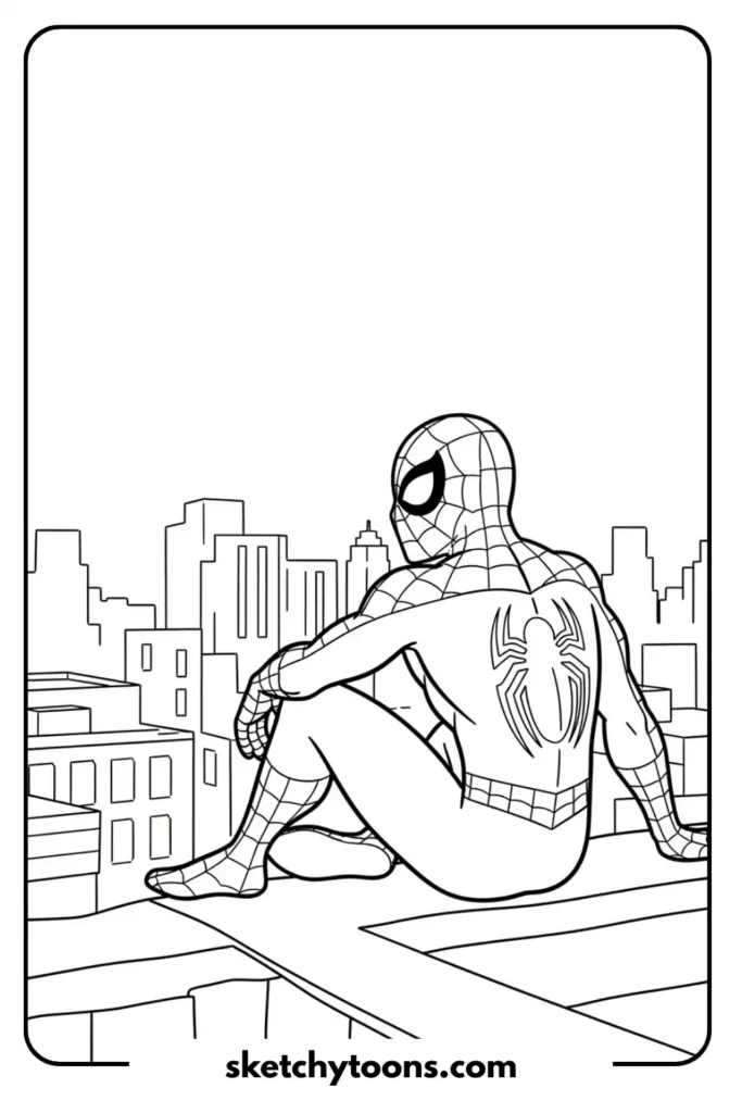 Spiderman sitting on rooftop coloring page