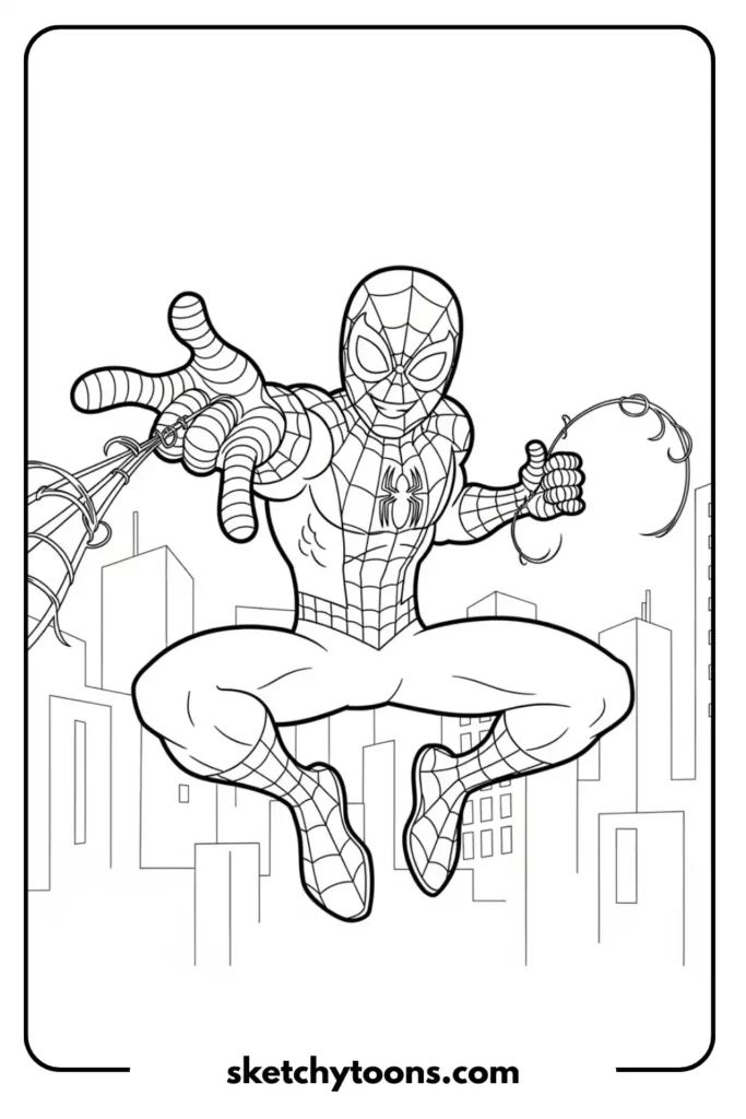 Spiderman slinging-web coloring page