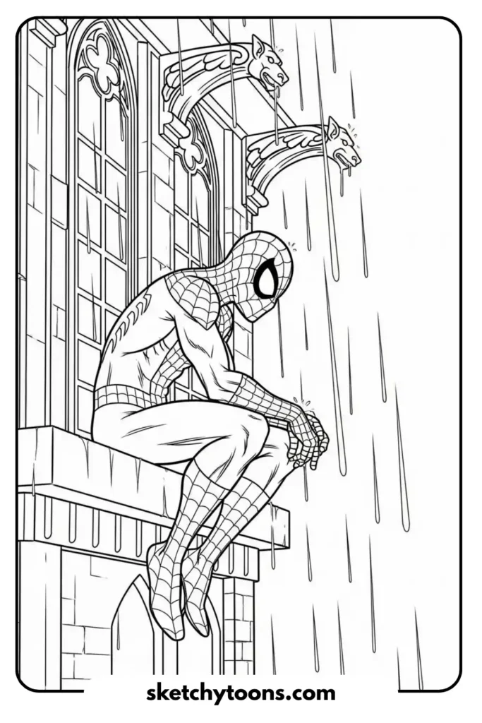 Spiderman on the building coloring page