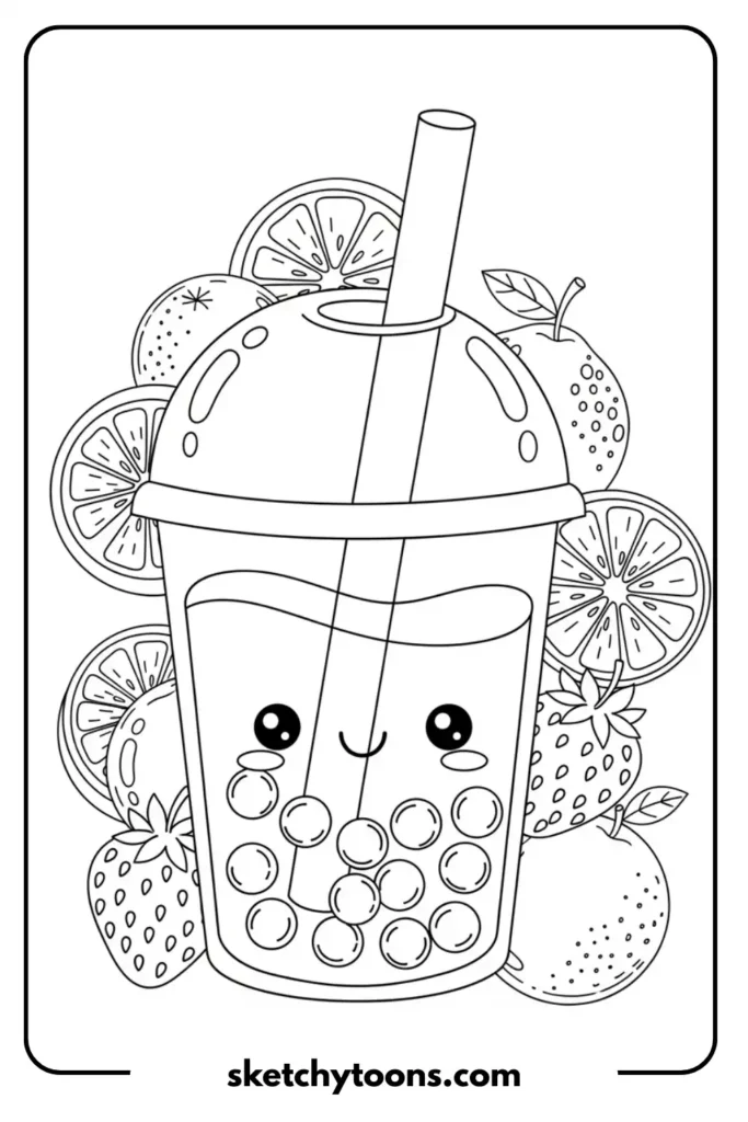 A boba drink with colorful fruits coloring page