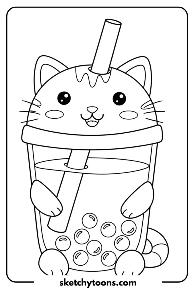 A bubble tea cup shaped like a cat coloring page