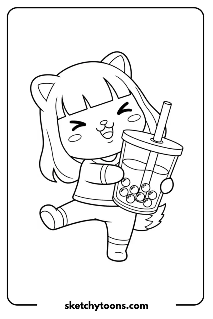 A kawaii character with a boba drink and coloring page