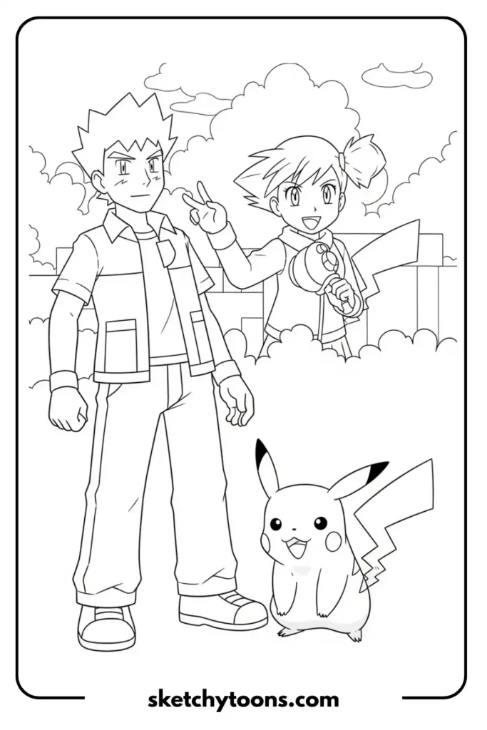 Ash, Brock, Misty, and Pikachu coloring page