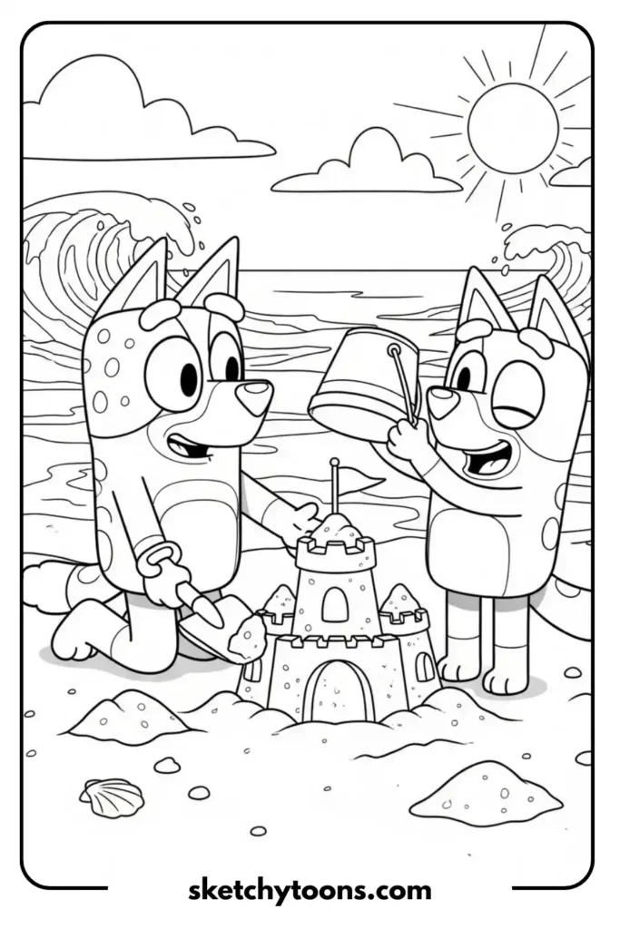 Bandit and Bluey Building a Sandcastle coloring worksheet
