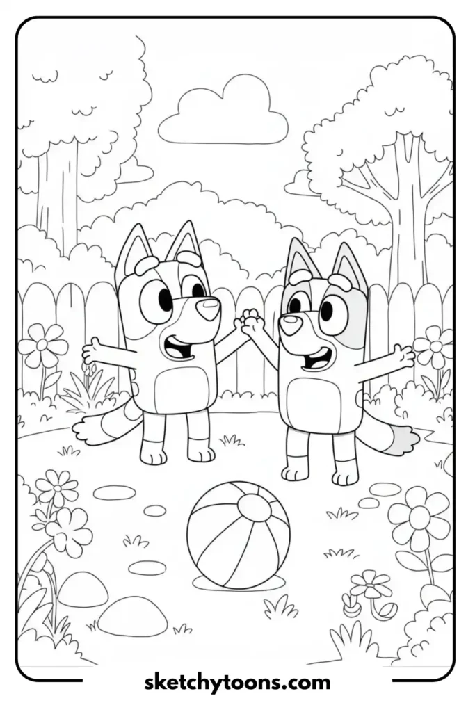 Bluey and Bingo Playing coloring sheet