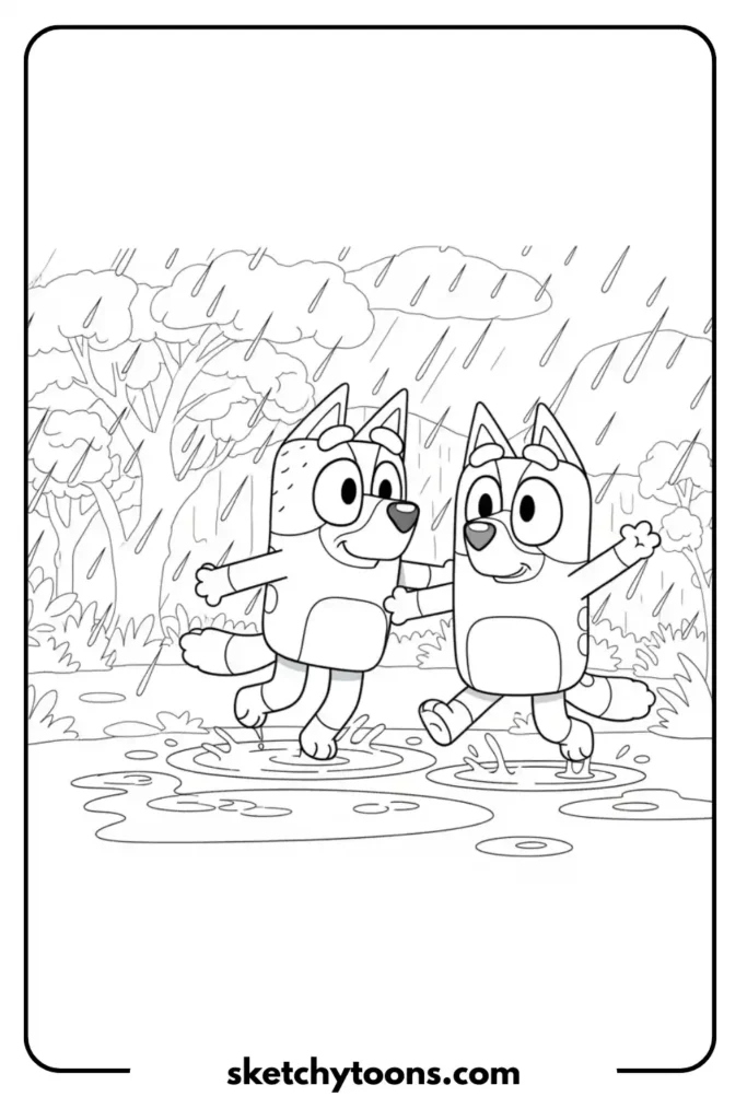 Bluey and Bingo Playing in the Rain