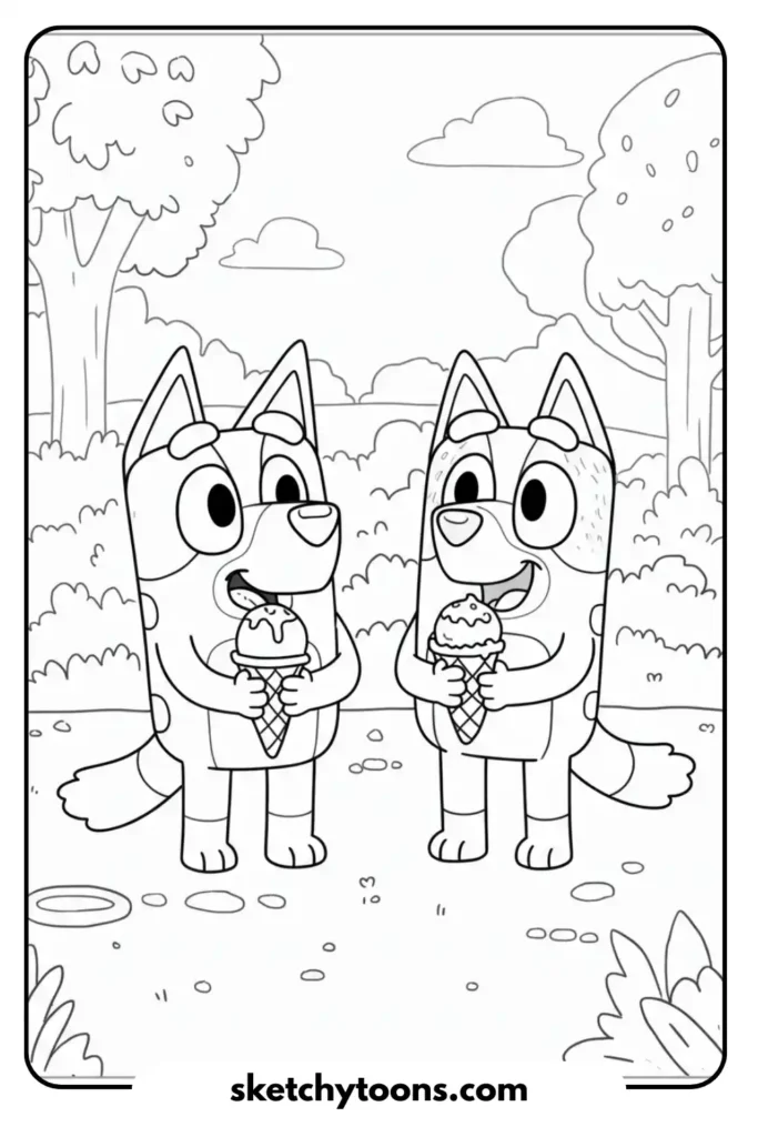 Bluey and Bingo with Ice Cream coloing sheet