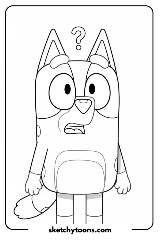 Bluey in Confused Expression art pages Bluey tilts her head slightly, with furrowed brows and a confused look in her eyes. as if she’s trying to make sense of something puzzling