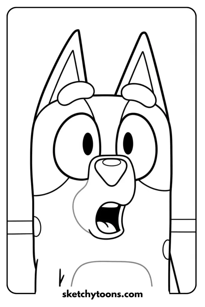 Bluy in Surprised Expression coloring page A wide-eyed and open-mouthed Bluey shows a clear expression of surprise. Her ears are perked up