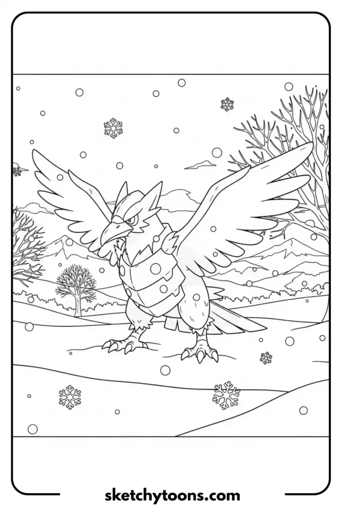 Corviknight in a Snowy Scene coloring page