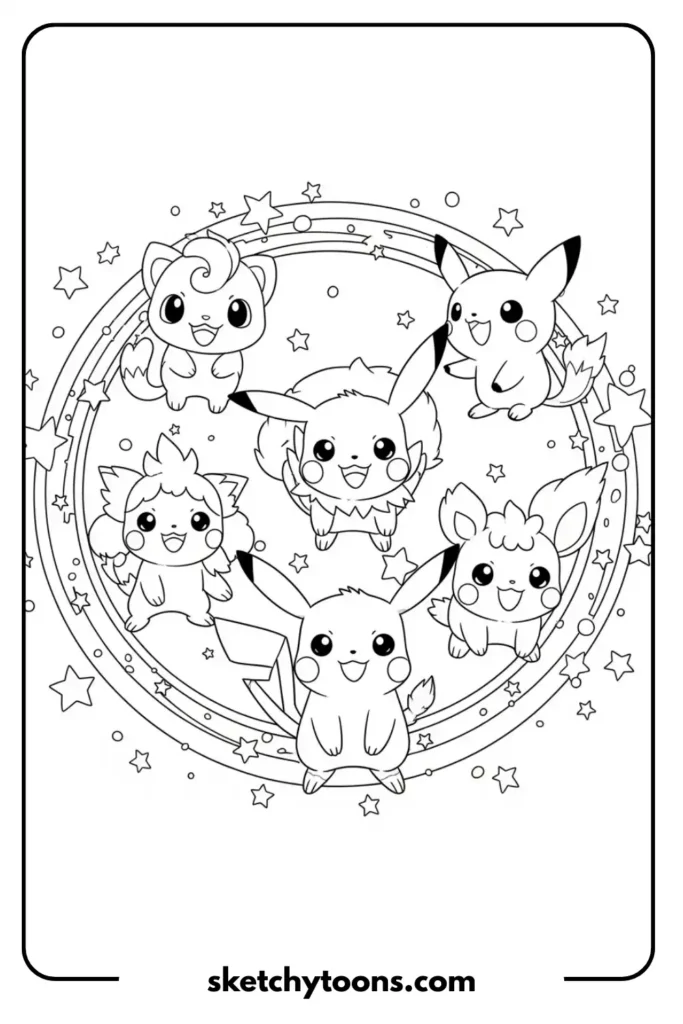 Five Cute Pokémon in a Starry Circle coloring page