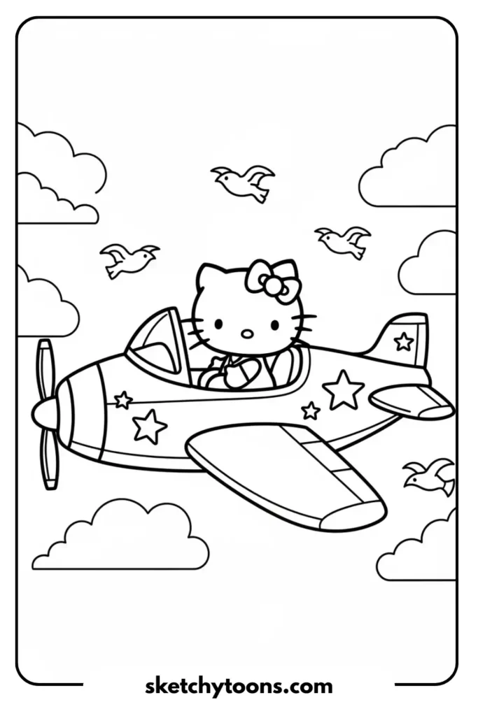 Hello Kitty Flying a Plane coloring page