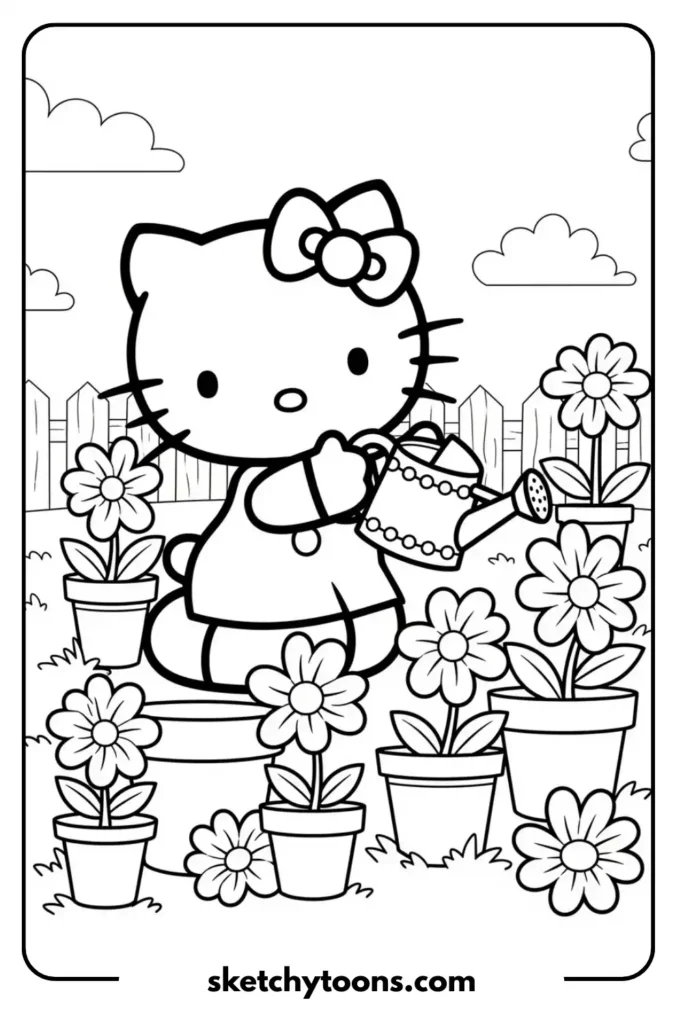 Hello Kitty Gardening coloring page