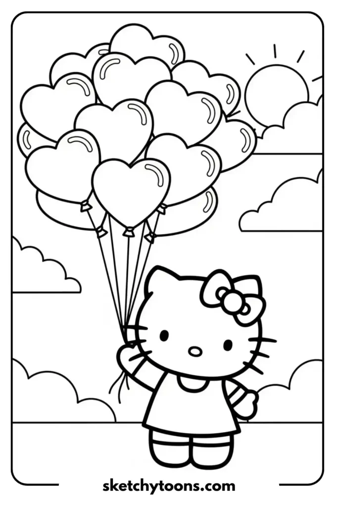 Hello Kitty holding balloons Coloring Page