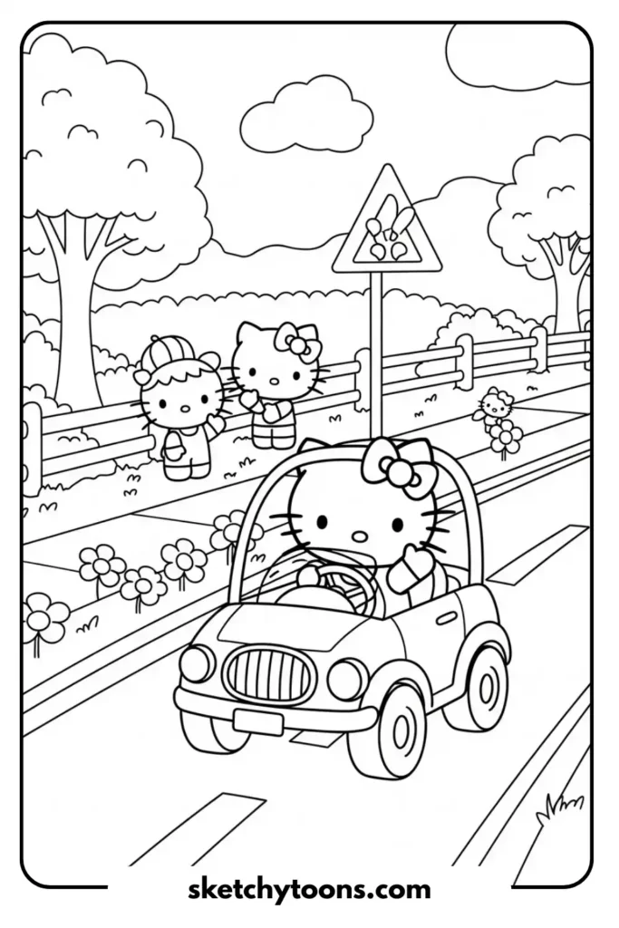 Hello Kitty in a Car coloring page