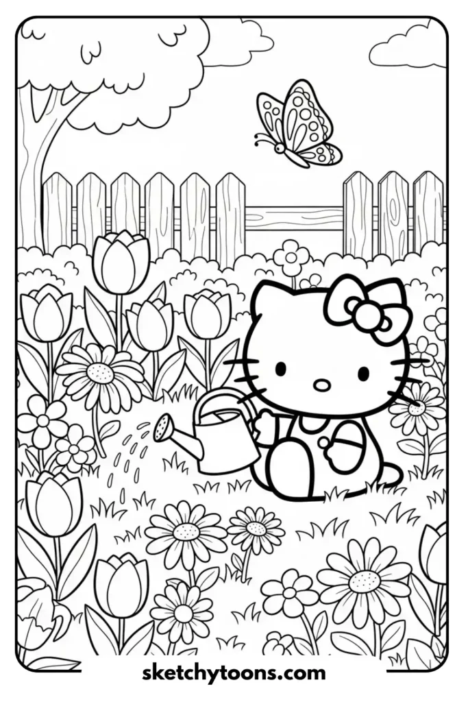 Hello Kitty in a Garden coloring page
