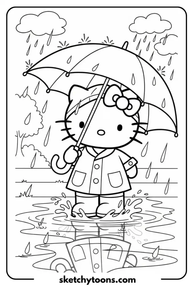 Hello Kitty in the Rain coloring page