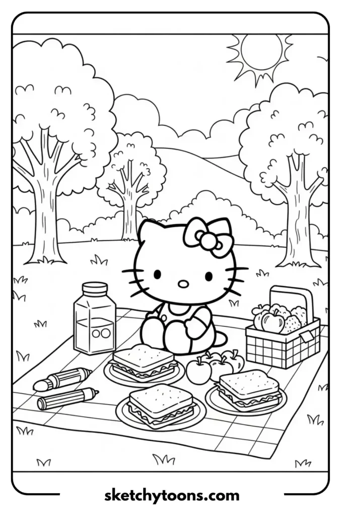 Hello Kitty on a Picnic coloring page
