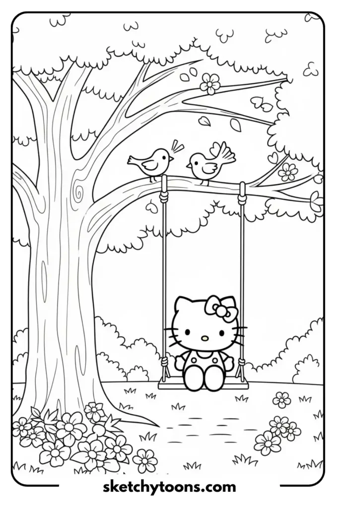 Hello Kitty on a Swing coloring page
