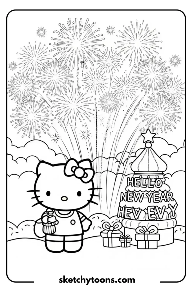 Hello Kitty with Fireworks coloring page