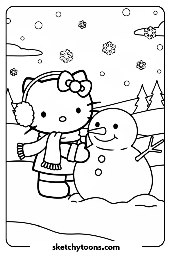 Hello Kitty with a Snowman coloring page