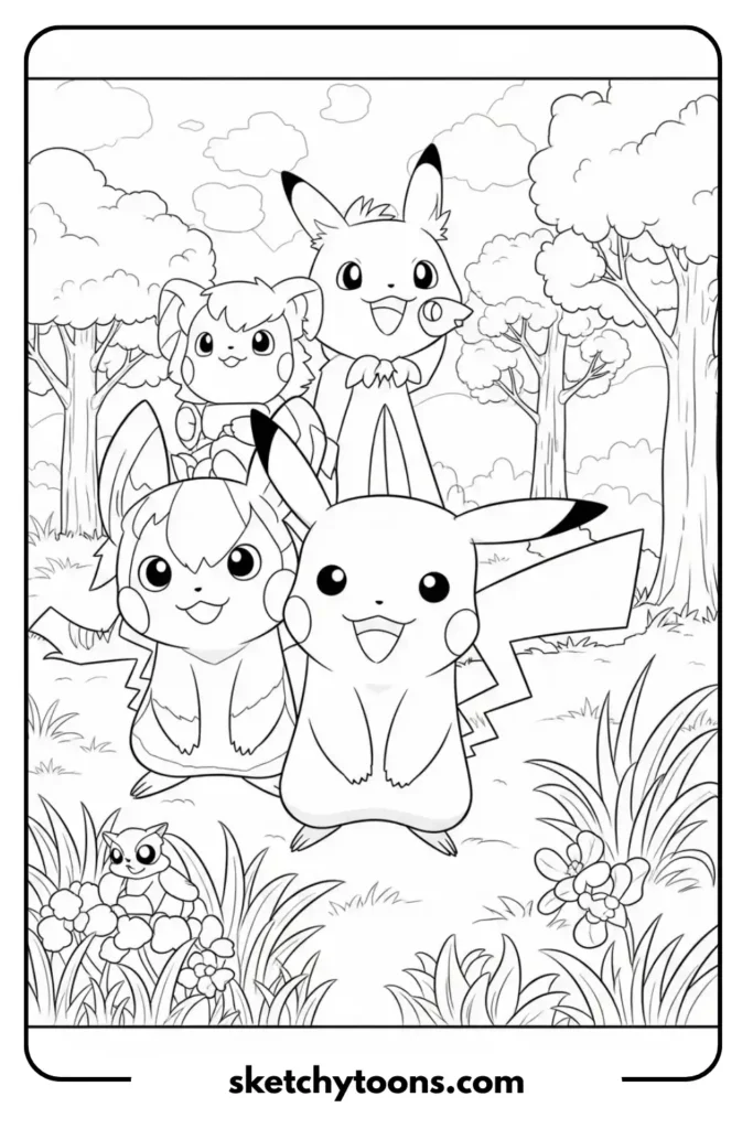 Pikachu and Friends in the Meadow coloring page