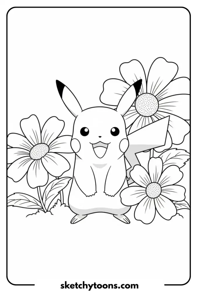 Pikachu and the Flowers coloring pag