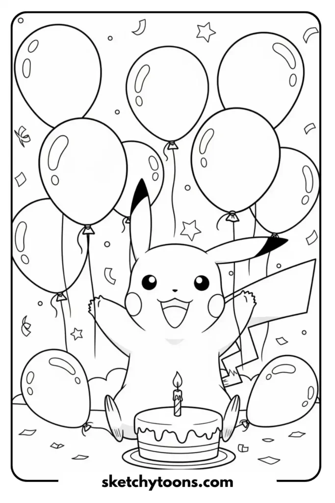 Pikachu with Balloons and Cake coloring page