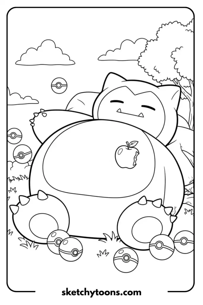Snorlax Relaxing with Poké Balls coloring page