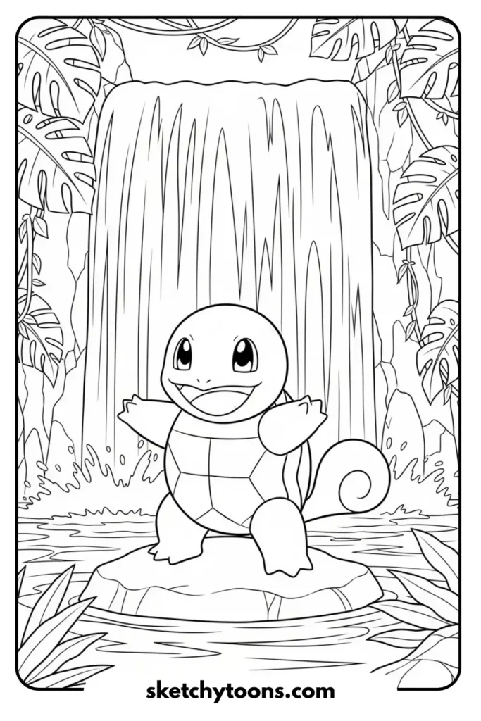Squirtle and the Waterfall coloring page