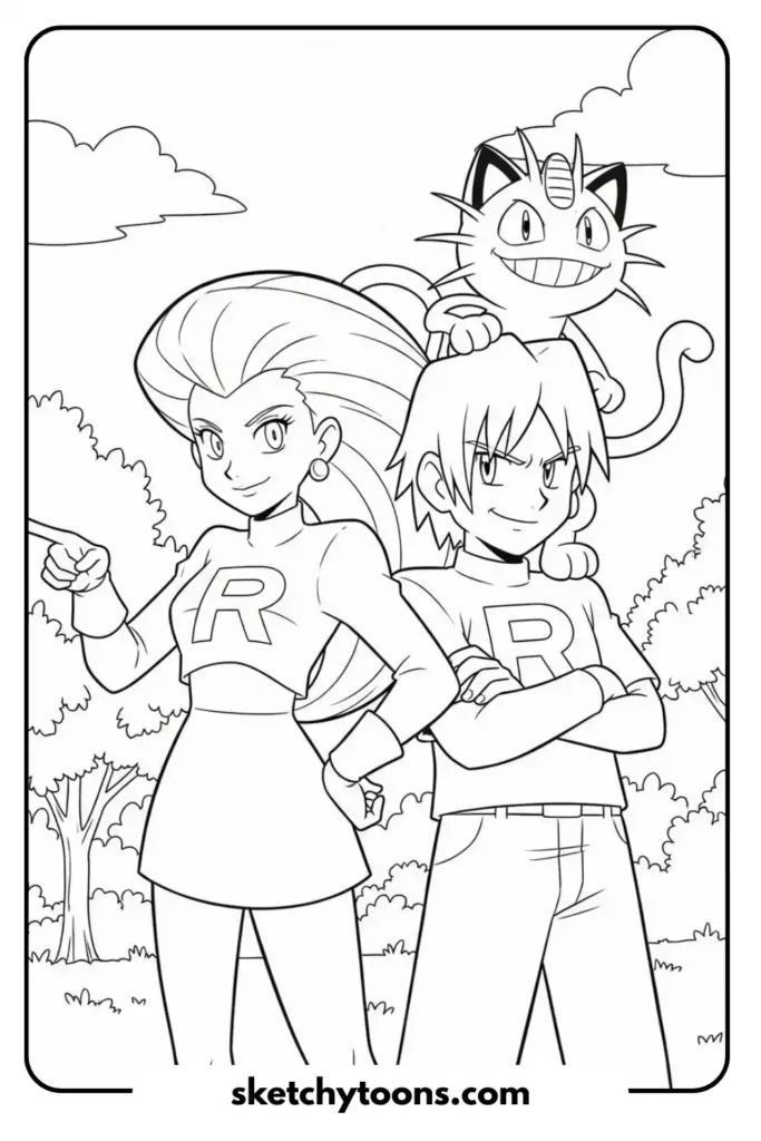 Team Rocket with Jessie, James, and Meowth coloring page