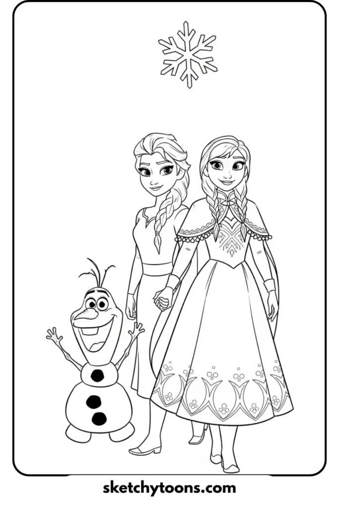Anna Elsa similing with olaf painting sheet