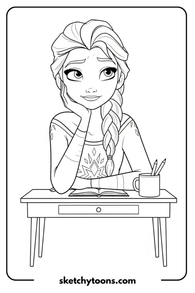 Elsa Daydreaming at Desk artworksheet page