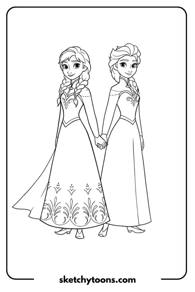 Elsa and Anna Holding Hands coloring shet