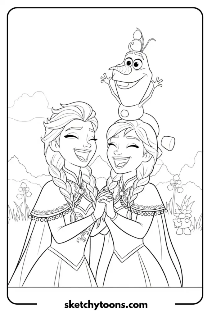 Elsa and Anna Laughing with Olaf