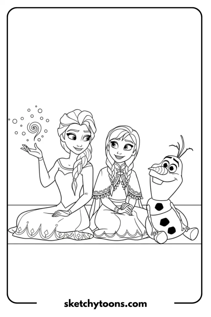 Elsa and Anna sitting with Olaf