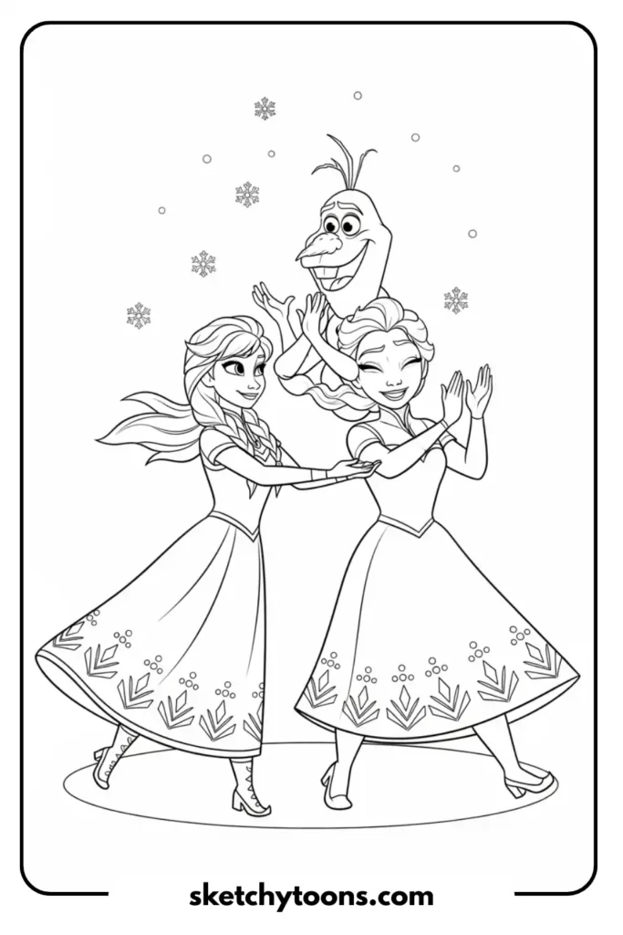 Elsa and anna olaf dancing coloring sheet