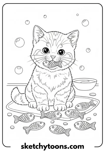 Kitten Coloring Pages 5 Cute Kitten Eating Fish Snack