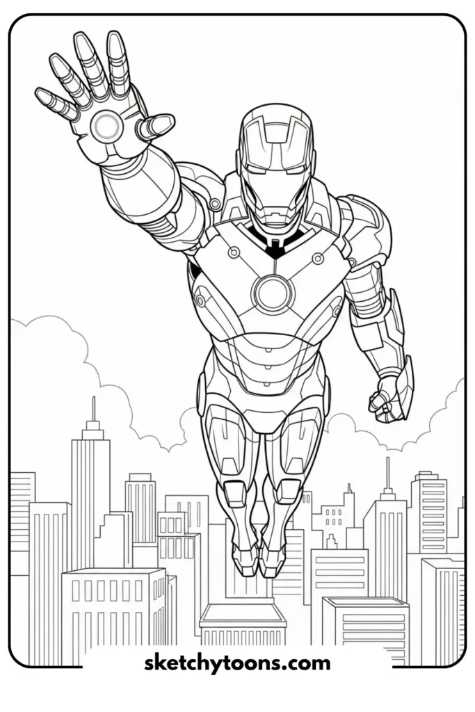 Iron Man with a Simple city behind