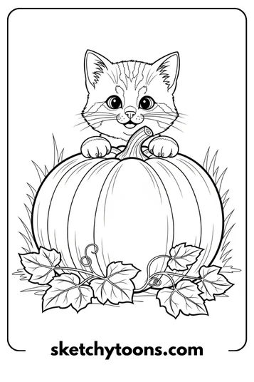 Kitten Coloring Pages 12 Kitten Behind a Pumpkin coloring page