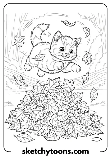 Kitten Coloring Pages 50 Kitten Playing in Leaves